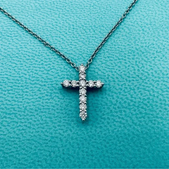Tiffany & Co. .21 TCW Diamond Cross Necklace in Platinum with Packaging - Picture 4 of 13